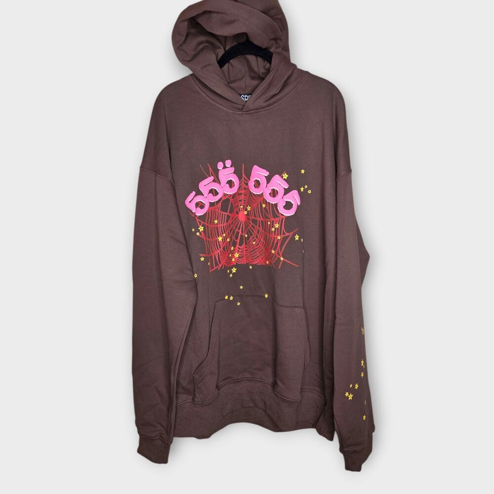 Sp5der Angel Number 555 Hoodie Web Brown Pink Men's XL -LIKE NEW